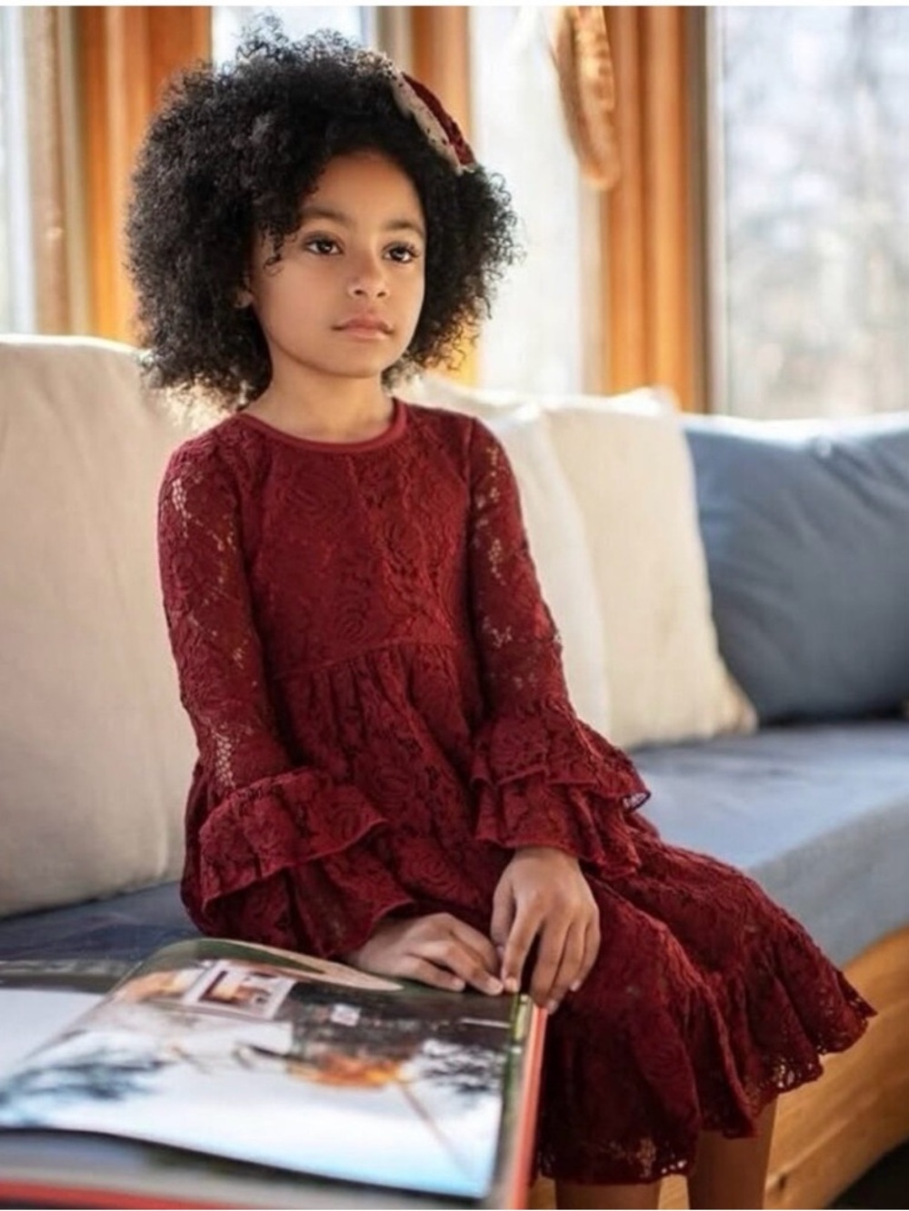 Mustard Pie Girls' Burgundy Lace Fit-and-Flare Dress 4T